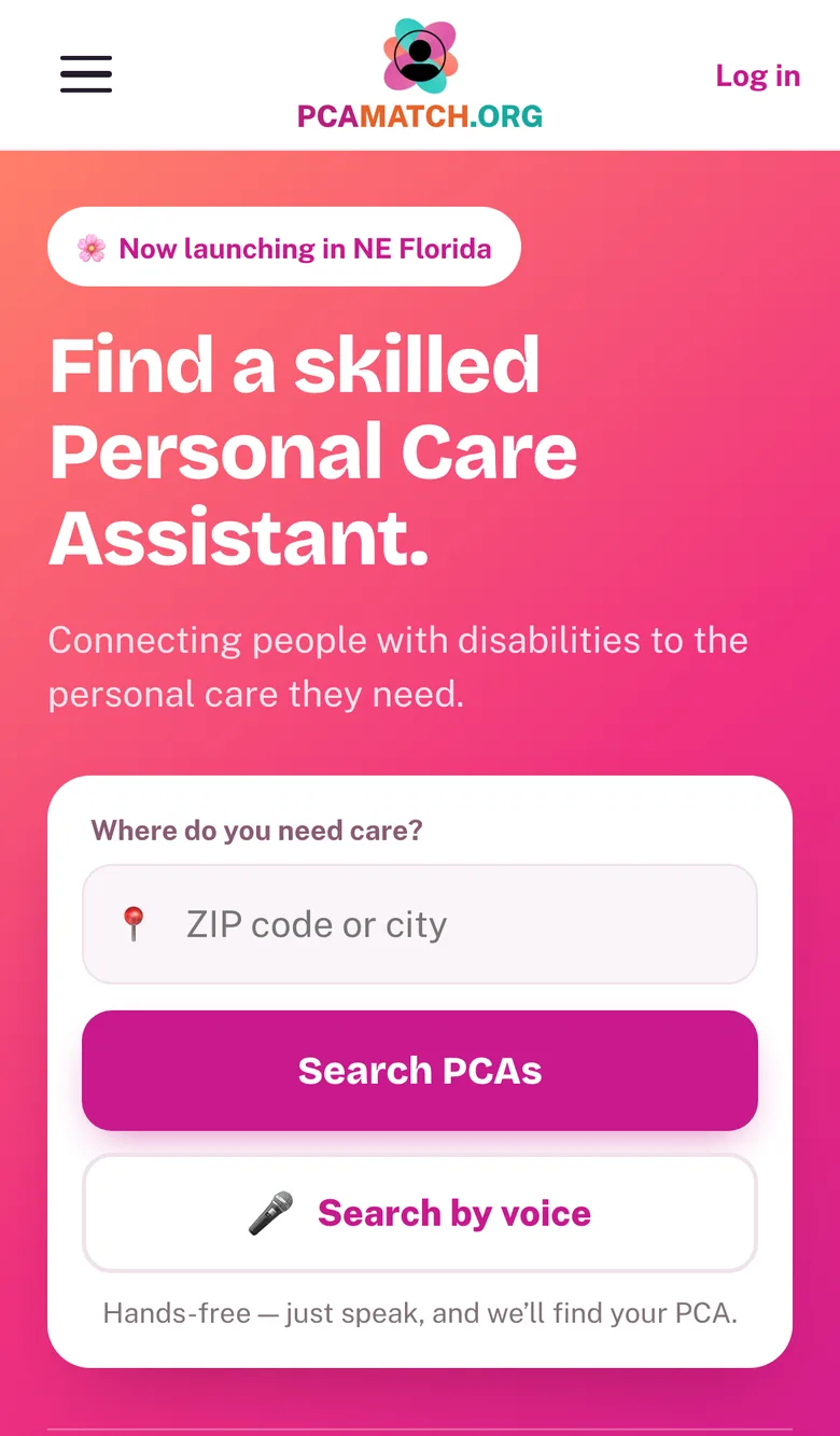 The PCAmatch.org home page on a phone: search for a Personal Care Assistant by ZIP code or by voice